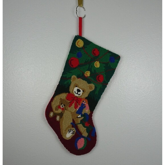 💰3/$25  Bears Christmas Stocking Holidays Decor Bear with Bow Green Red   18" - Picture 2 of 7